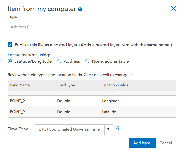Upload Screen for .csv to feature service